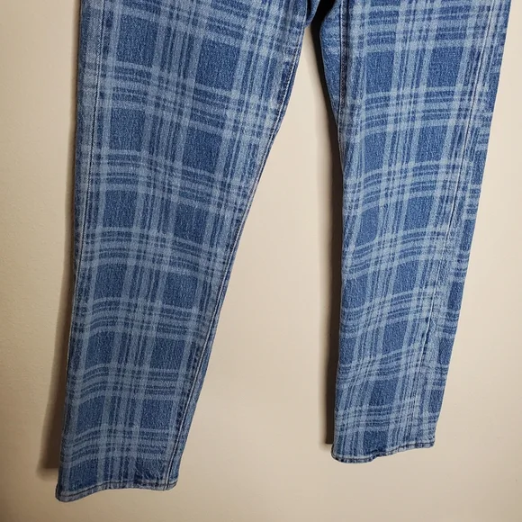 Levi's x Free People Blue Plaid Print High Rise Button Fly Wedgie Straight Jeans - Picture 10 of 13